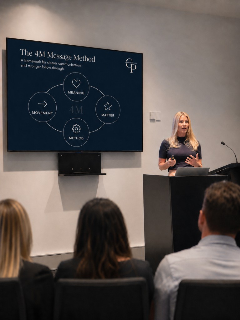 Corinne delivering a leadership speaking session